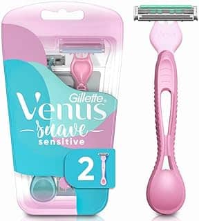 GILLETTE Venus Suave Sensitive, Aparelho de Depilação Feminino, 2 Aparelhos Descartáveis com Skin Elixir, Depilação Corporal para Pele Sensível