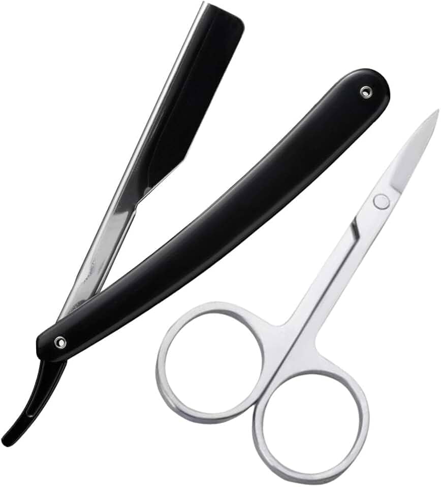 Navalha Navalhete Aço Inox Para Barbeiro Acabamento De Barba Bigode Cabelo Multiuso + Tesoura Reta Para Acabamento Em Aço Inox + Necessaire