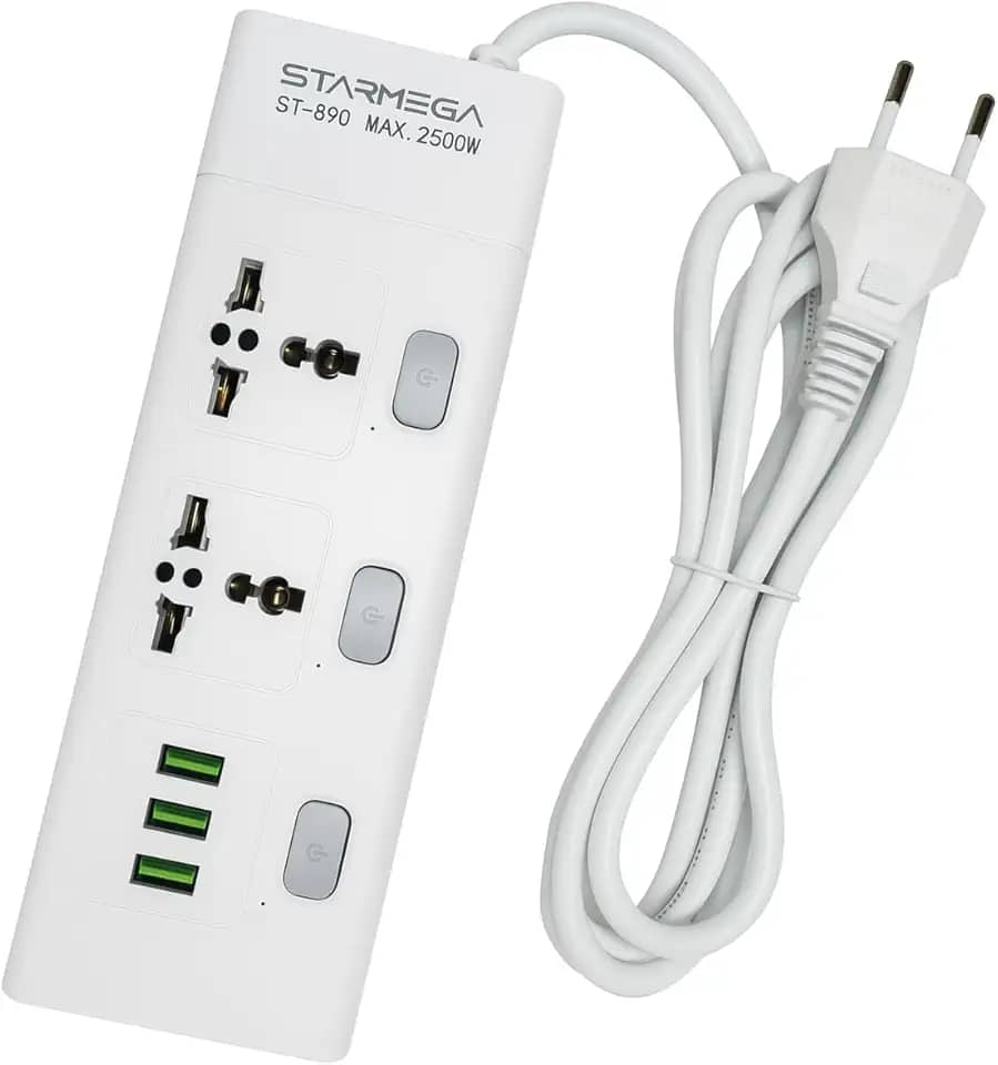 Extensão Tomada, Régua Tomada, Régua de Energia, 2 tomadas universais, 3 Interfaces USB, Cabo de Alimentação de 1 metro, Suporte a Tensão de 110-220V, Potência de 2500W, Branca