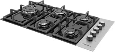 SUGGAR COOKTOP VIDRO PRETO E INOX A GÁS 5 QUEIMADORES ESMALTADOS DIFERENTES TAMANHOS TREMPES FERRO FUNDIDO FG5335VPIX