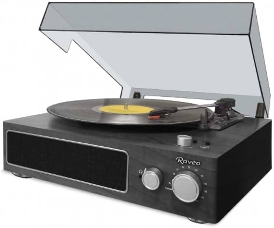 Raveo Vitrola Studio Ebony com Toca-discos, Rádio FM, USB, saída auxiliar e fone de ouvido e tecnologia de conexão Bluetooth, Cor: PRETO