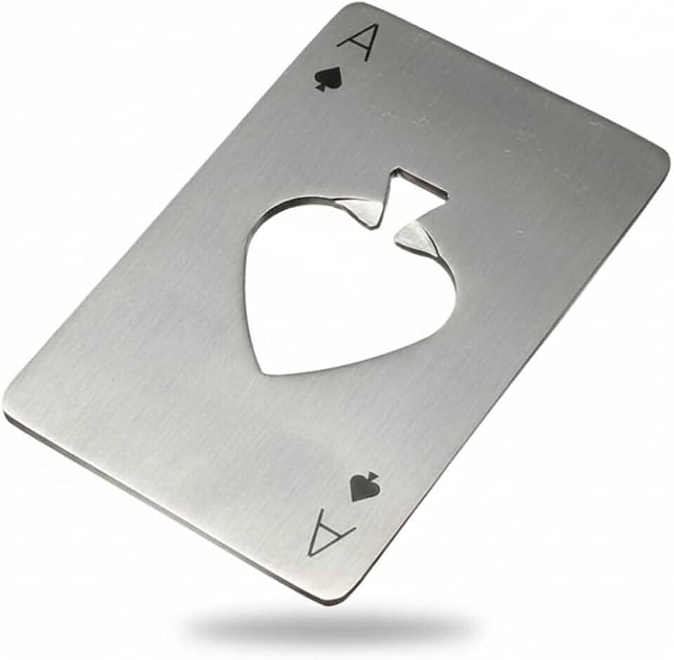 Abridor de Garrafa Formato Carta de Baralho em Aço Inoxidável Portátil, Compacto, Resistente, Estilo Poker Ideal para Churrasco, Viagens, Bar em Casa.