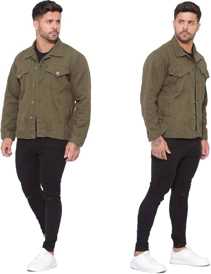 Jaqueta Jeans Masculina Verde Militar Casual com Bolsos e Fechamento em Botão