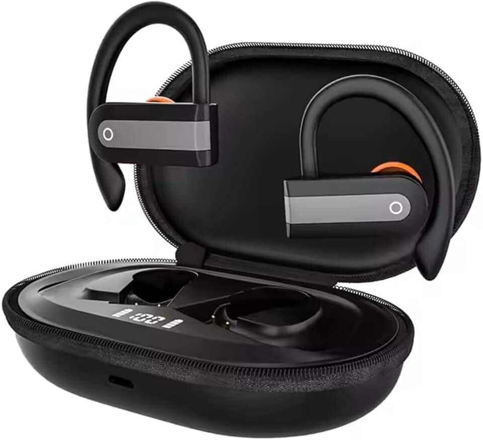 Fone de Ouvido Bluetooth Esportivo 5.4 com Gancho Som HD, Bateria Duradoura, Resistente à Suor IPX5, Cancelamento de Ruído, Microfone, LED Display e Conexão Sem Fio Estável para Corrida e Academia