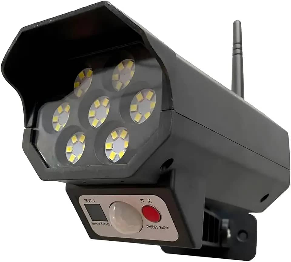 Refletor Solar LED 60W, Luminária de Segurança com Sensor de Presença, Preto, 42 LEDs, Painel Solar 5V, Formato Câmera, Controle Remoto, 8h de Funcionamento