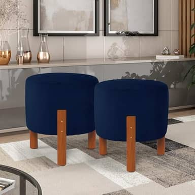PC Móveis – Kit 2 Puff Redondo Luxo Decorativo em Linho ou Suede – Sala, Quarto e Escritório (Suede, Azul)