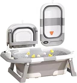 Banheira Bebê Dobrável Cinza com Termômetro Digital, Portátil e Compacta para Viagem e Apartamento