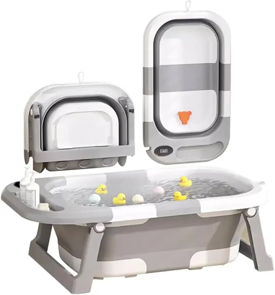 Banheira Bebê Dobrável Cinza com Termômetro Digital, Portátil e Compacta para Viagem e Apartamento