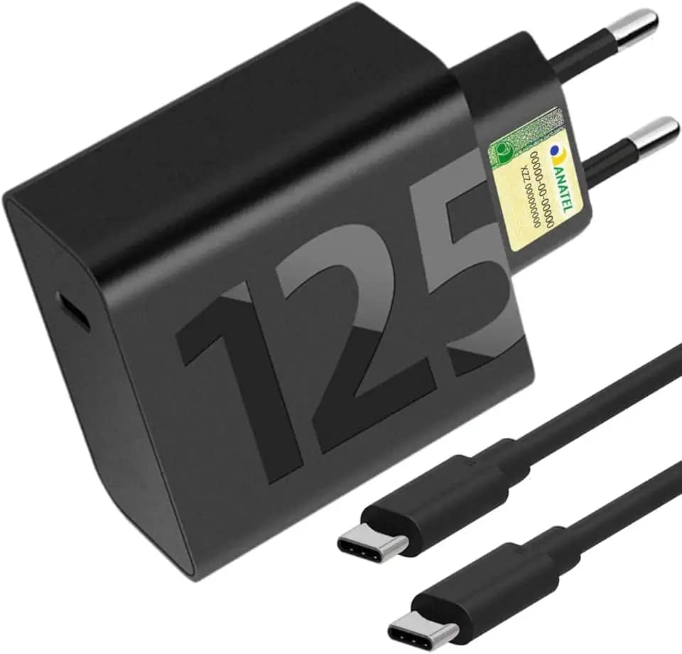 Carregador Super Turbo 125W USBC: Tipo-C 125W. Compatível com iPhones, Motorola, Xiaomi, Samsung e mais. Cabo USB-C. Ultra rápido Premium