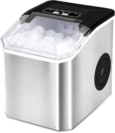Maquina de Gelo Portatil Prata, 220V, 15Kg, e a Máquina de Gelo em Aço Inoxidável Produz 9 Cubos a Cada 8 Minutos, O Tamanho Dos Cubos de Gelo e Ajustável, Capacidade para Até 70 Cubos de Gelo