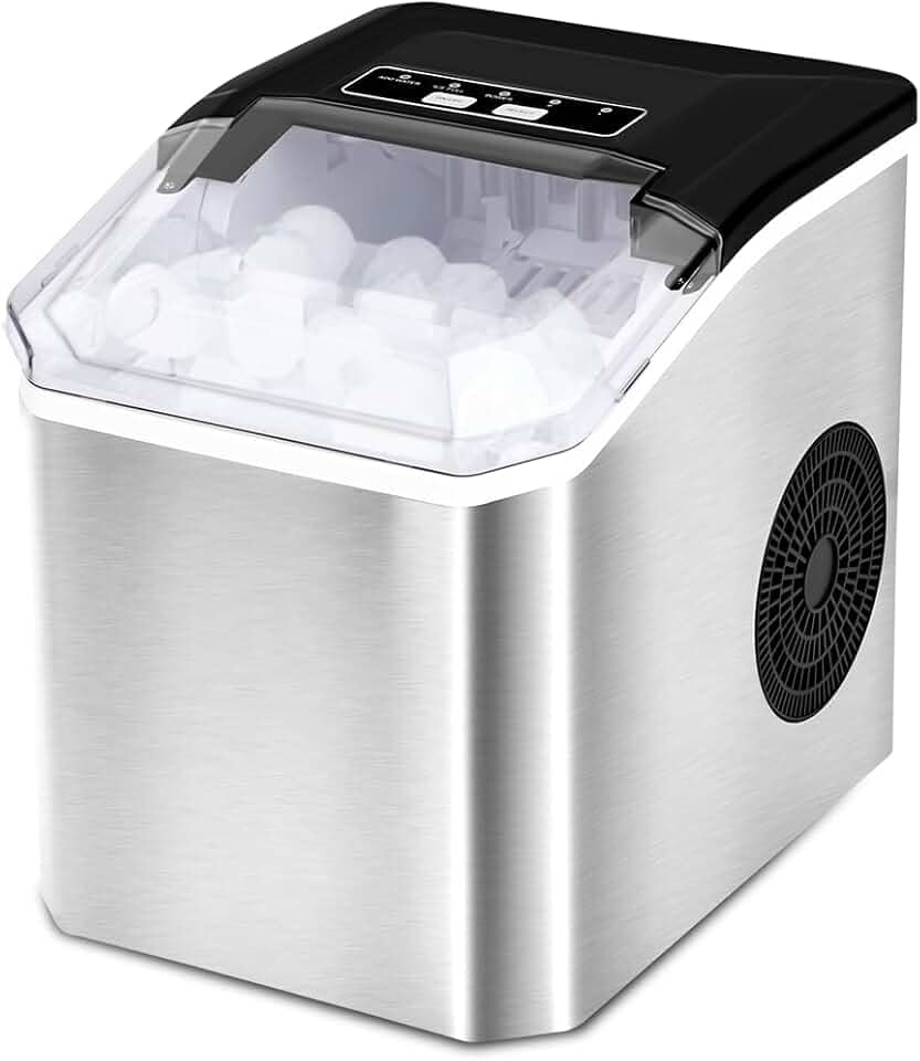 Maquina de Gelo Portatil Prata, 220V, 15Kg, e a Máquina de Gelo em Aço Inoxidável Produz 9 Cubos a Cada 8 Minutos, O Tamanho Dos Cubos de Gelo e Ajustável, Capacidade para Até 70 Cubos de Gelo