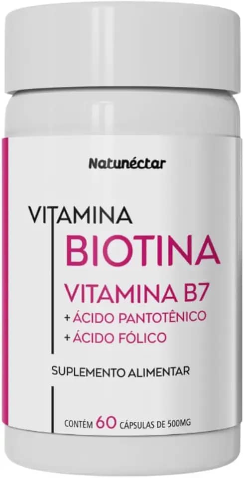 Biotina Com Vitamina B5 e B9 Fortalecedor de Unhas e Cabelo 500mg 60 Cápsulas - Natunéctar