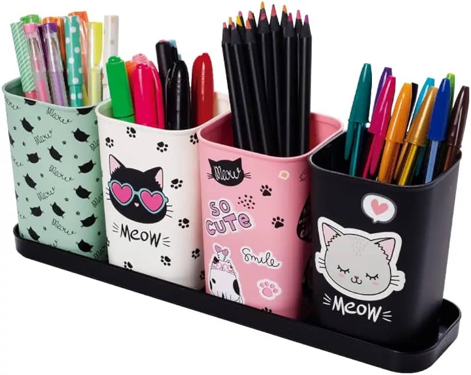 Porta Canetas C/Bandeja Decorado Cute 5 Pçs Plasútil