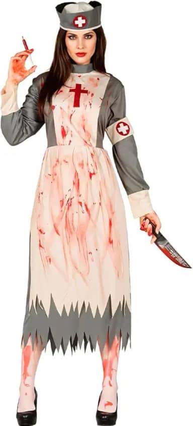 Fantasia Enfermeira Assassina Halloween Feminina Adulta Zumbi Avental Vestido e Chapéu Sangrento