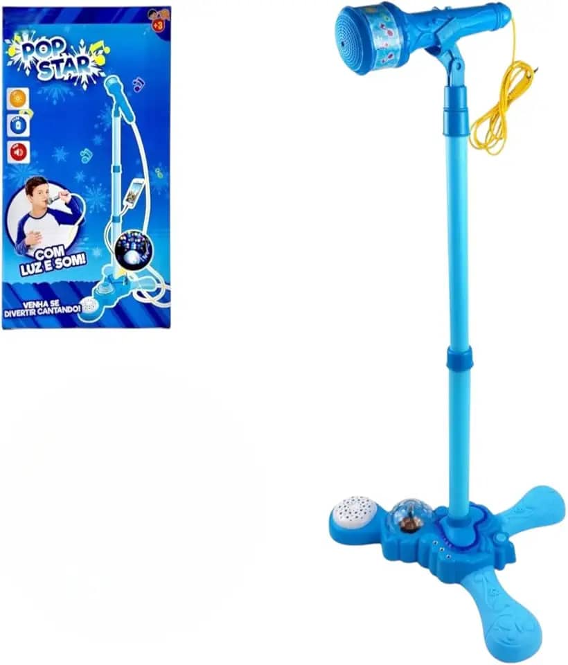 Microfone Infantil Karaokê Luz Som Pedestal conecta celular Pop Star