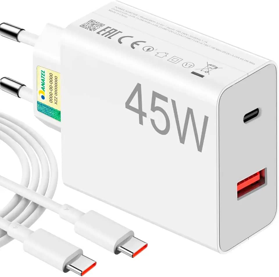 Carregador Turbo 45W Ultra Rápido Tipo C e USB Com Carregamento Rápido + Cabo Tipo C Compatível Com Todos Os Dispositivos, Android, Ios 15/16, Xiaomi - Todos Dispositivos Celulares