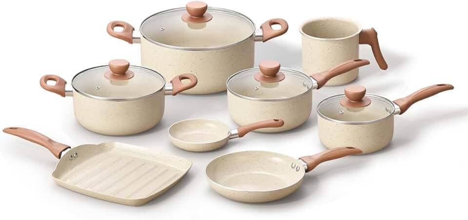 Oikos - Jogo com 8 Panelas Antiaderentes de Revestimento Cerâmica com Tampa de Vidro Terrara Bege com 5 Camadas para Fogão a Gás, Elétricos, Cerâmicos e Halogênio