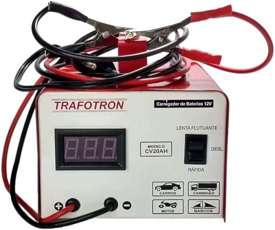 Carregador de Bateria Automotivo 12v 20ah Carro Moto Caminhao Onibus Flutuante Com Voltimetro Digital CV20
