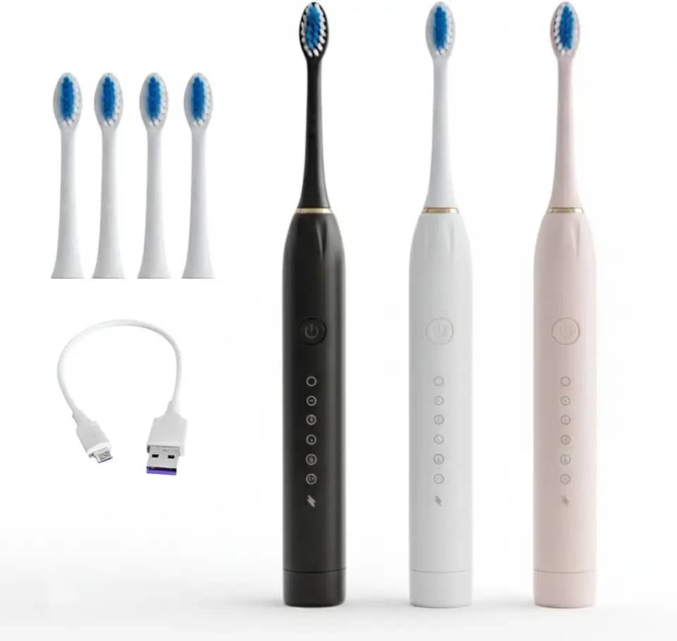 Escova de Dente Elétrica Sônica, 6 Modos, 4 Refis Inclusos, USB, Timer, Prova D'Água IPX7 (BRANCA)
