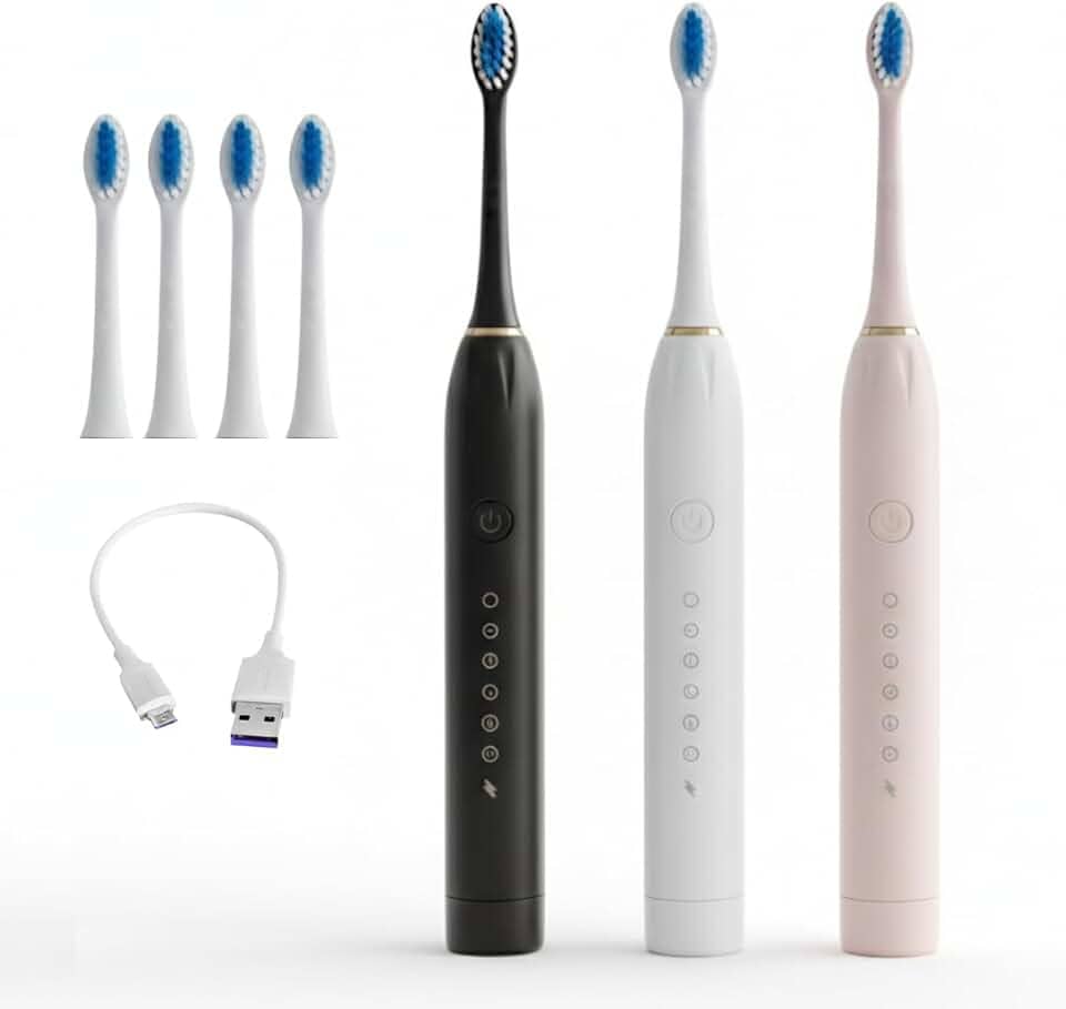 Escova de Dente Elétrica Sônica, 6 Modos, 4 Refis Inclusos, USB, Timer, Prova D'Água IPX7 (BRANCA)