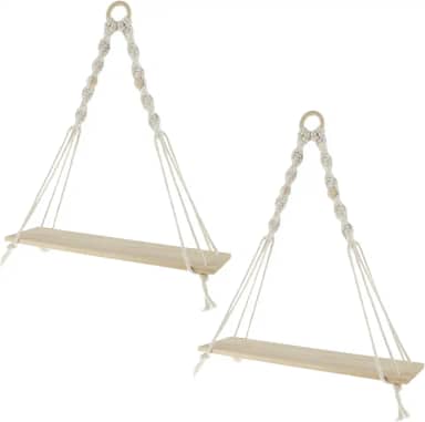 2 prateleiras suspensas de corda de algodão macramê, estilo boho, 2 prateleiras, montagem na parede, ajustável, 38 x 35 x 10 cm