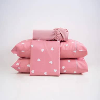 Jogo De Lençol Casal Queen King 4 Peças 100% Algodão Percal 200 Fios Estampado (Queen, Coração)