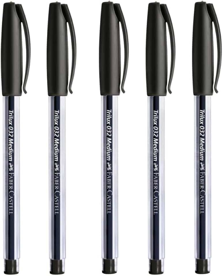 Kit C/5 Caneta Esferográfica Preta, Trilux, Ponta Média 1.0mm, Corpo Transparente, Escrita Macia. Para ENEM, Vestibular e Concurso