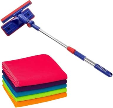 Rodo Limpa Vidro + 5 Flanela de Limpeza em Microfibra Kit Limpa Vidro - Pano Macio Anti-Risco 28x28 cm Colorido Rodinho com Cabo Ajustável até 85 cm Articulado Desmontável Cabo Extensível Rodo 2 em 1
