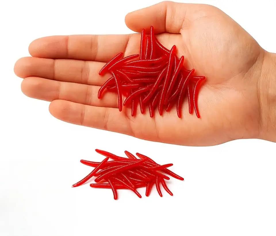 Kit 100/200 Minhocas Artificiais de Silicone – Iscas Vermelhas para Pesca de Carpa, Bagre e Tilápia