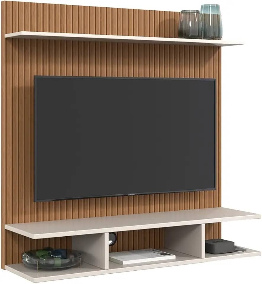 Lojas Comprou Chegou Estante Painel Suspenso TV 32 Polegadas Nicho Decorativo Prateleira Parede Quarto Sala Estar Moderna - Ripado/Off White