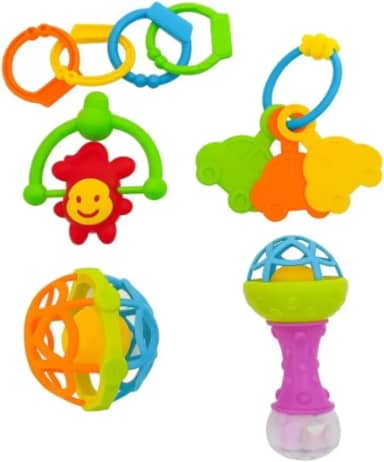 Kit Brinquedo e Mordedor para Bebê com 5 Peças – Brinquedo Sensorial Educativo Colorido 0 a 12 Meses