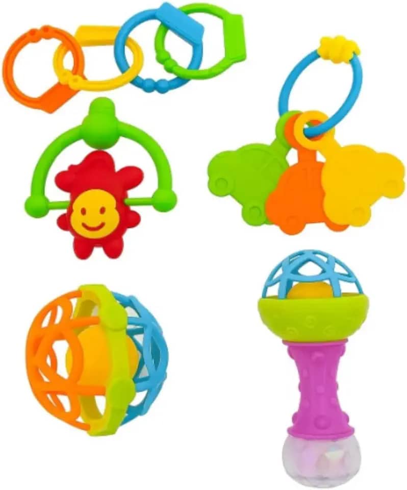 Kit Brinquedo e Mordedor para Bebê com 5 Peças – Brinquedo Sensorial Educativo Colorido 0 a 12 Meses