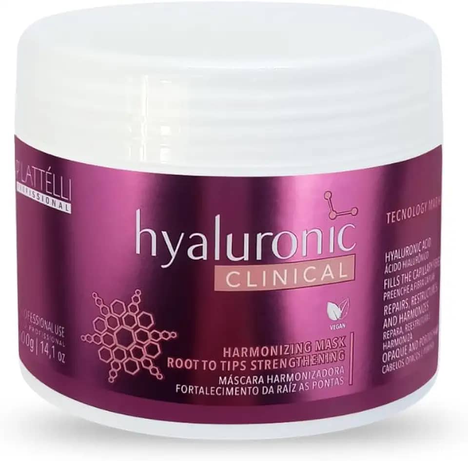 Máscara Hyaluronic Clinical 250gr - Plattélli Profissional, com Ácido Hialuronico para cabelos finos, opacos e porosos