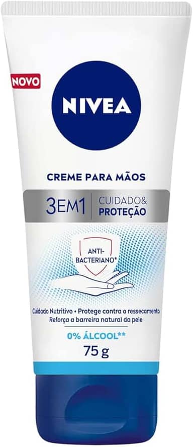 NIVEA Creme para Mãos Ação Antibacteriana 3 em 1 75g - Creme 3 em 1 com ação antibacteriana e sem álcool etílico, hidrata e protege as mãos do ressecamento, fortalecendo a barreira natural da pele