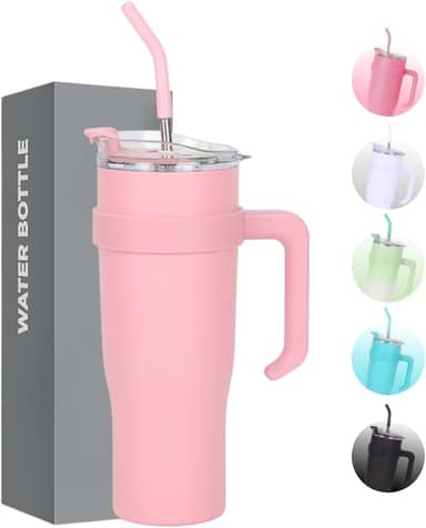 Copo Caneca Térmica de Inox à Vácuo Com Alça e Canudo 1200ml (Copo Virgínia) (Rosa)