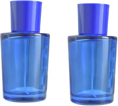 Pacote com 2 atomizadores de perfume de vidro azul, 50 ml, rude, vazio, recarregável, frasco de perfume para homens e mulheres, frasco portátil com spray de névoa fina, dispensador de perfume