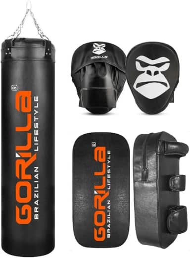 Saco De Pancada Profissional 160 Cm + Aparador De Chute + Manopla De Foco Soco Muay Thai Gorilla