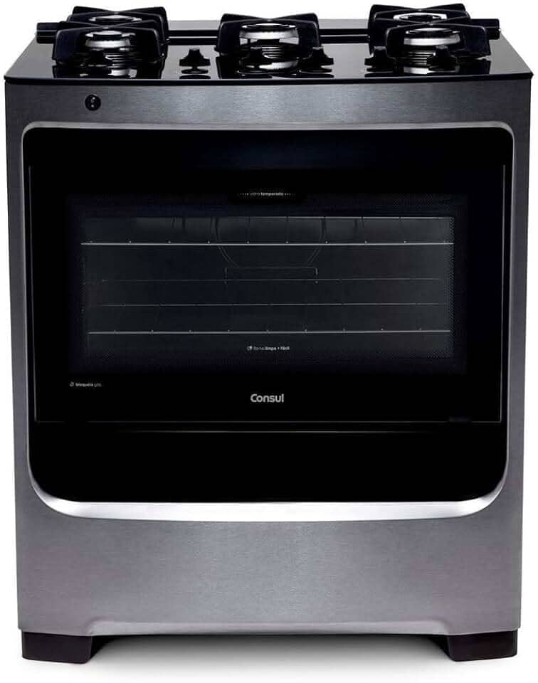 Fogão Consul 5 bocas cor Inox com mesa de vidro e grade de ferro fundido - CFS5VAR BIVOLT