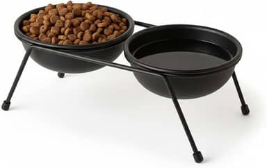 Comedouro Elevado Duplo Cães Gatos Pequenos Suporte Metálico Premium 25cm, 2 Tigelas 300ml Plástico Anti-Derrapante Ergonômico Previne Refluxo Artrite Preto Moderno