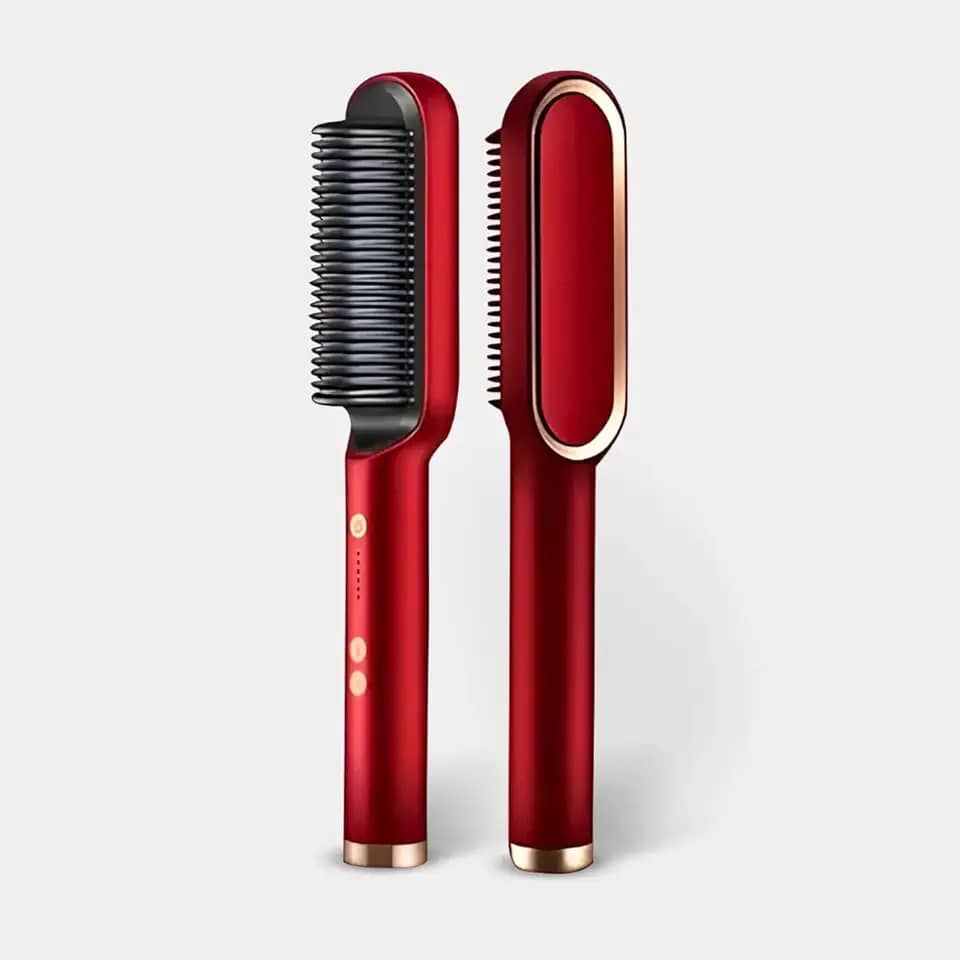 Escova Pente Alisadora 5 em 1 Iônica Bivolt (110V/220V) | Seca, Alisa, Modela e Hidrata Profissionalmente | Cerâmica com 5 Temperaturas e Anti-Frizz. (Vermelho)