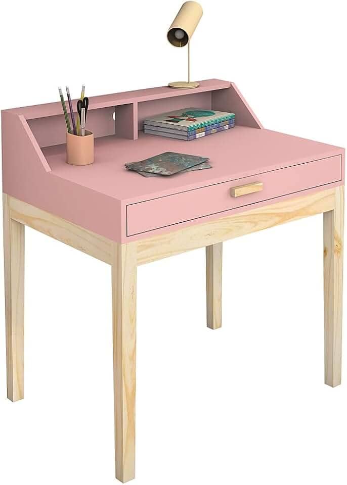 mesinha de estudo escrivaninha rosa para quarto pés de madeira
