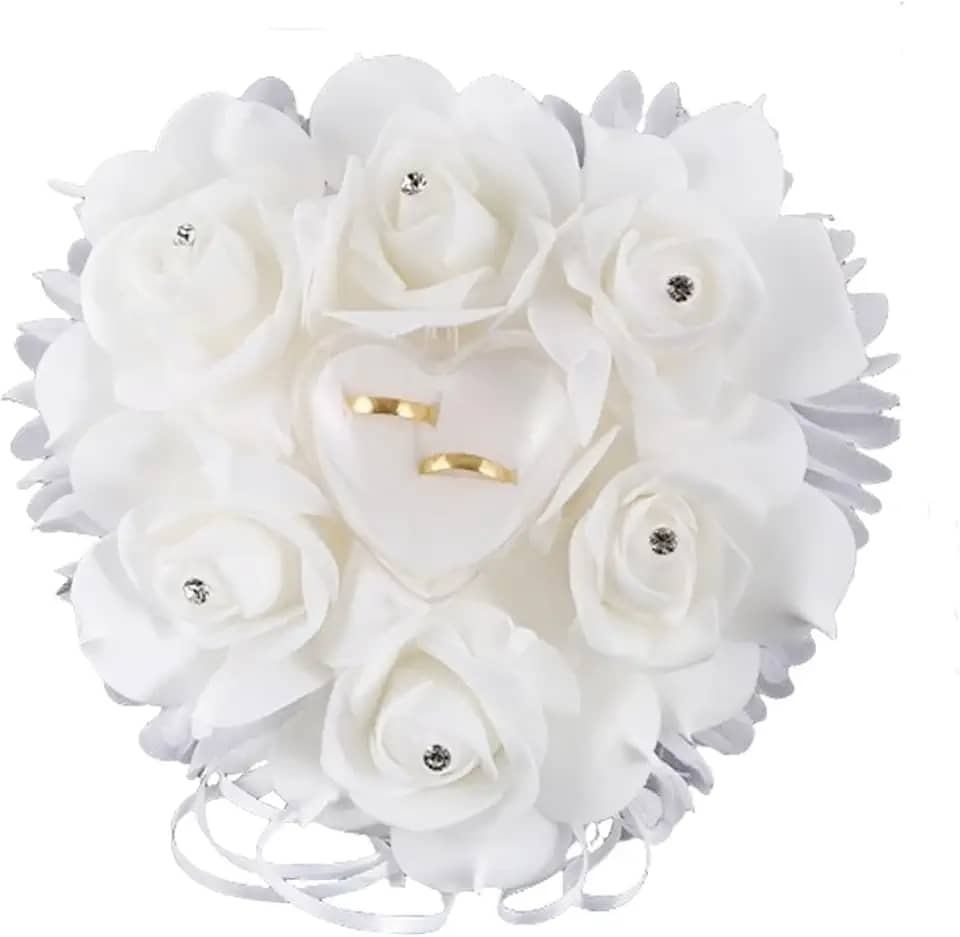 Aliança de casamento decoração de almofada com cetim com coração de cristal e strass, laço de renda flor anel suporte almofada caixa de diamantes pérola fita para festa de cerimônia de casamento na