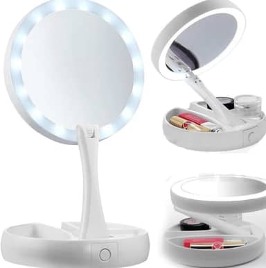 Espelho de Maquiagem LED Dobrável com Base Organizadora – Dupla Face, Aumento 10x, Iluminação Integrada, Portátil para Viagem e Bancada – Branco