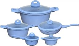 Conjunto de Panelas Ceramica Antiaderente Jogo de 5 Peças Granito Serve Para Fogão Indução, Fogão a Gás - Cor Azul
