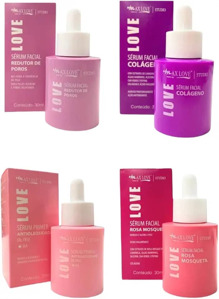 Kit de Séruns Faciais Max Love Studio, 4 Tipos: Redutor de Poros, Colágeno, Primer Anti-Oleosidade, Rosa Mosqueta