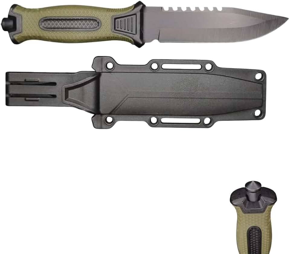 Faca de Sobrevivência com Bainha Rígida e Lâmina Preta, Cabo Emborrachado