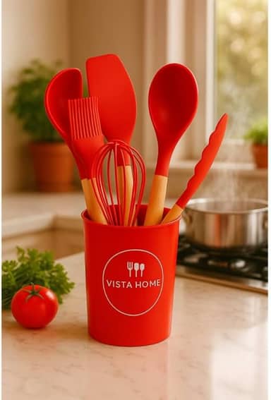 Colher Silicone Cabo de Madeira Vermelho Vista Home