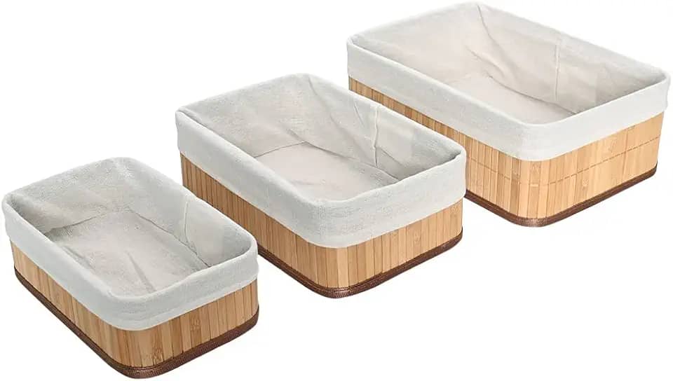 Mimo Style Jogo de 03 Cestos Organizadores Feito de Bambu Cor Claro. Perfeito Para Banheiros, Armários, Lavanderias, Entre Outros. Bonito e Elegante (Bege - Grande)