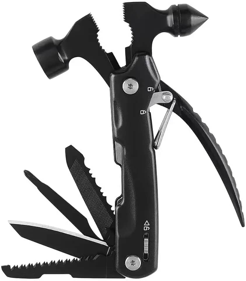 Hammer Multitool Presentes de aniversário 10 em 1 para homens, pai, marido, acessórios de acampamento, multiferramentas, acessórios essenciais de acampamento para homens, preto