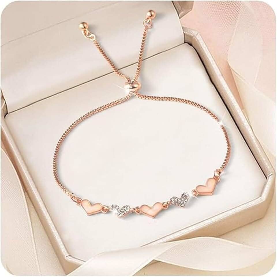 Pulseira de coração romântico para mulheres adolescentes, banhado a ouro rosa 18 K, pulseira ajustável com elos ajustáveis, presentes de aniversário e casamento para sua mãe